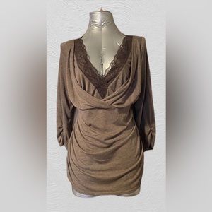 AGB Brown sexy deep V neck with lace ruched sides drapes top size L